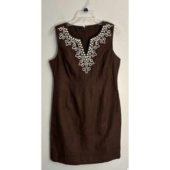 TALBOTS 100% Linen Shift Dress Women 10 Brown White Beaded Sleeveless Career NEW - Picture 2 of 13